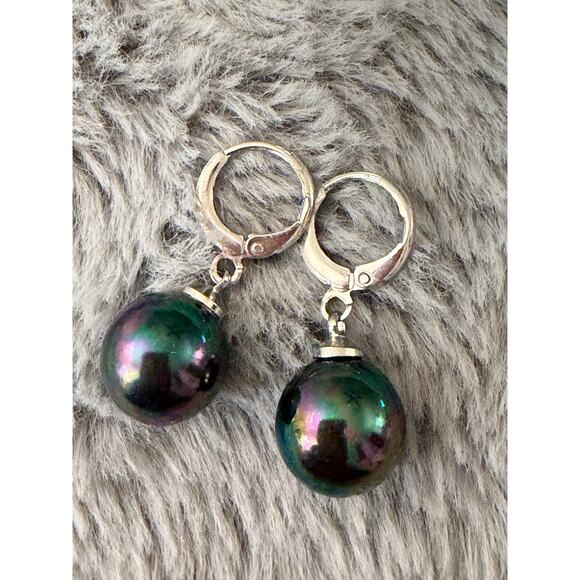 Peacock Black Pearl Drop Earrings Genuine Sterling Silver 925 Lever-Backs - Picture 2 of 4